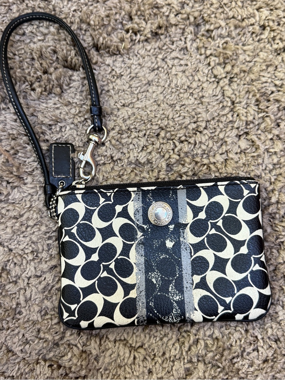 Coach Black & Cream Signature Stripe Wristlet